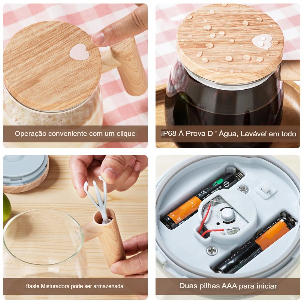 Caneca com Misturador Elétrico Automático para bebidas com tampa de bamboo
