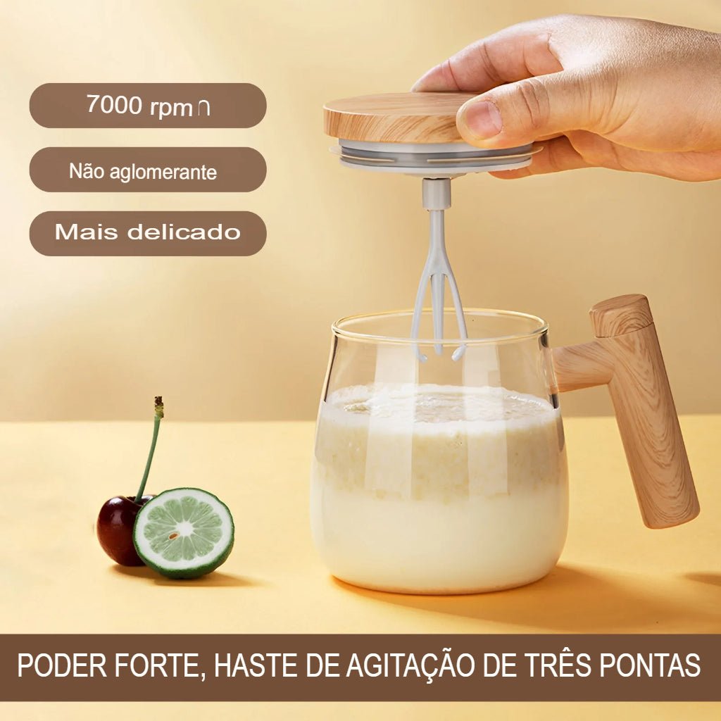 Caneca com Misturador Elétrico Automático para bebidas com tampa de bamboo