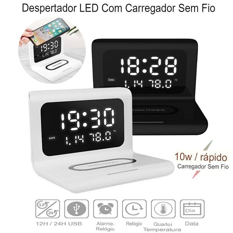 DigitalStation 4 em 1 Multifuncional - Carregador por Indução, Hora, Calendário e Temperatura