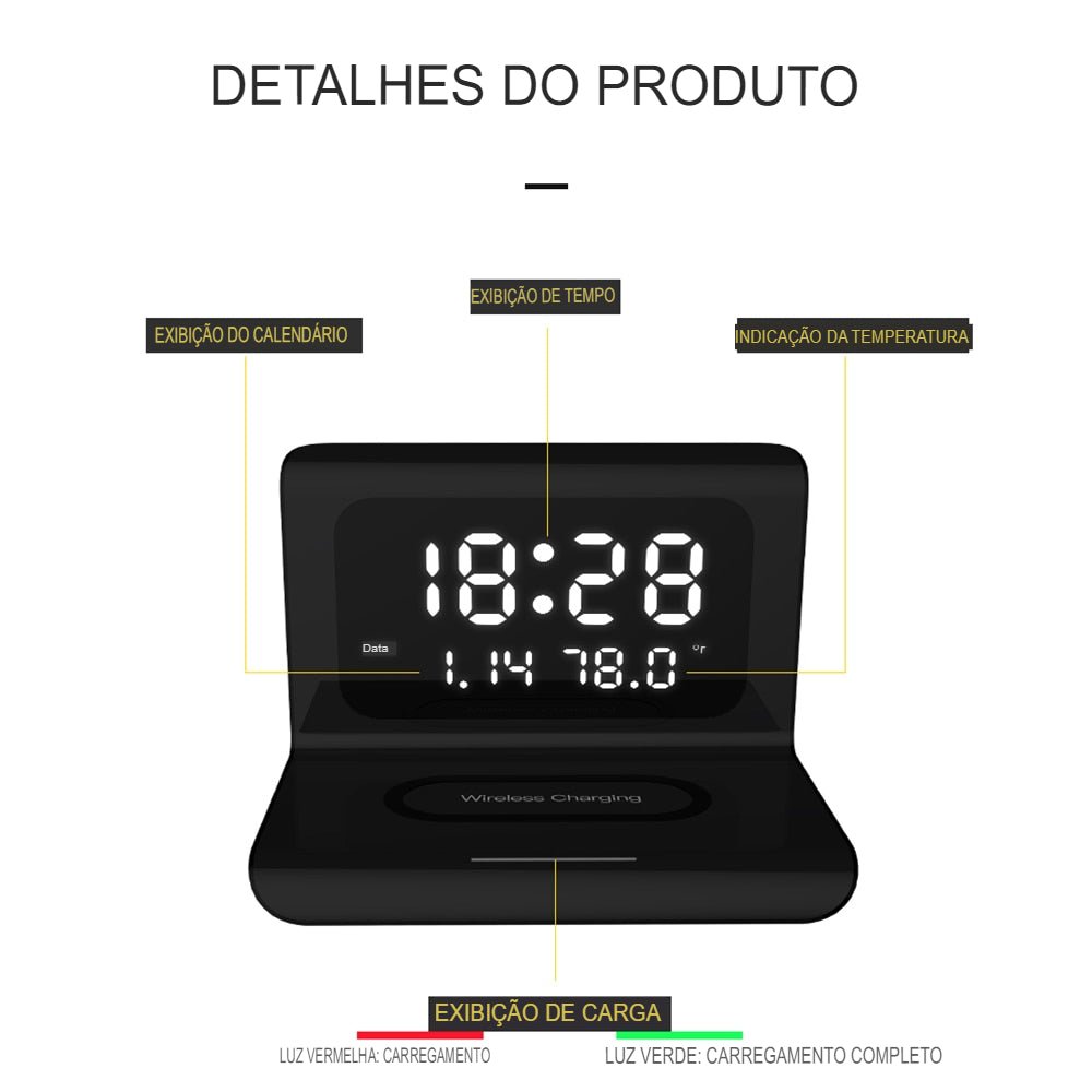 DigitalStation 4 em 1 Multifuncional - Carregador por Indução, Hora, Calendário e Temperatura