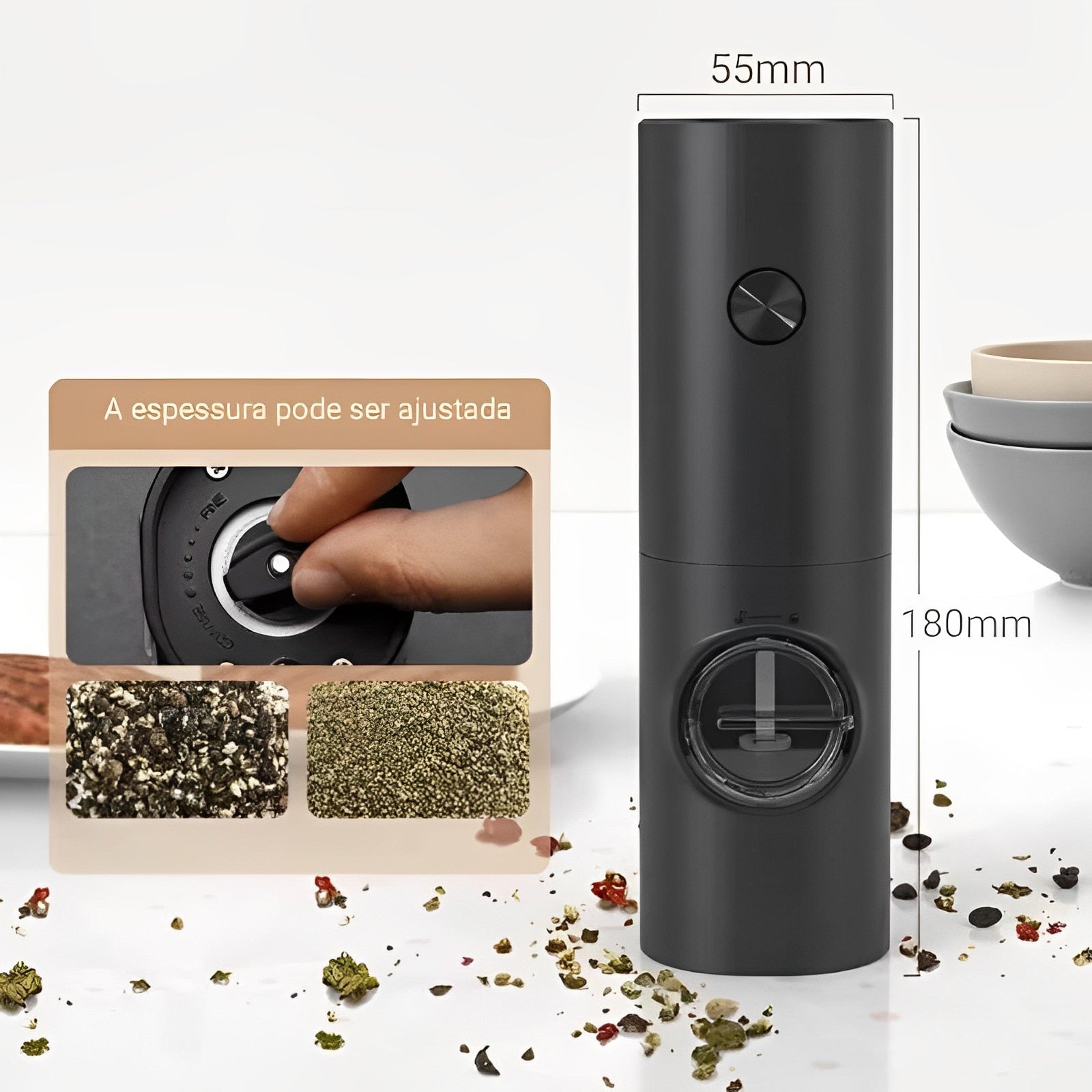 Moedor Elétrico Automático de Sal Pimenta Temperos com Ajuste de Moagem