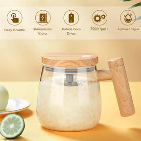 Caneca com Misturador Elétrico Automático para bebidas com tampa de bamboo