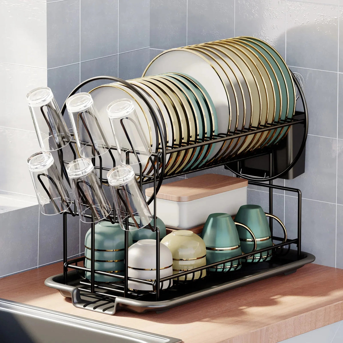 Escorredor de Pratos com Porta-Talheres e Utensílios para Cozinha