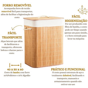 Cesto de Roupa Suja Dobrável em Bambu – 72 Litros